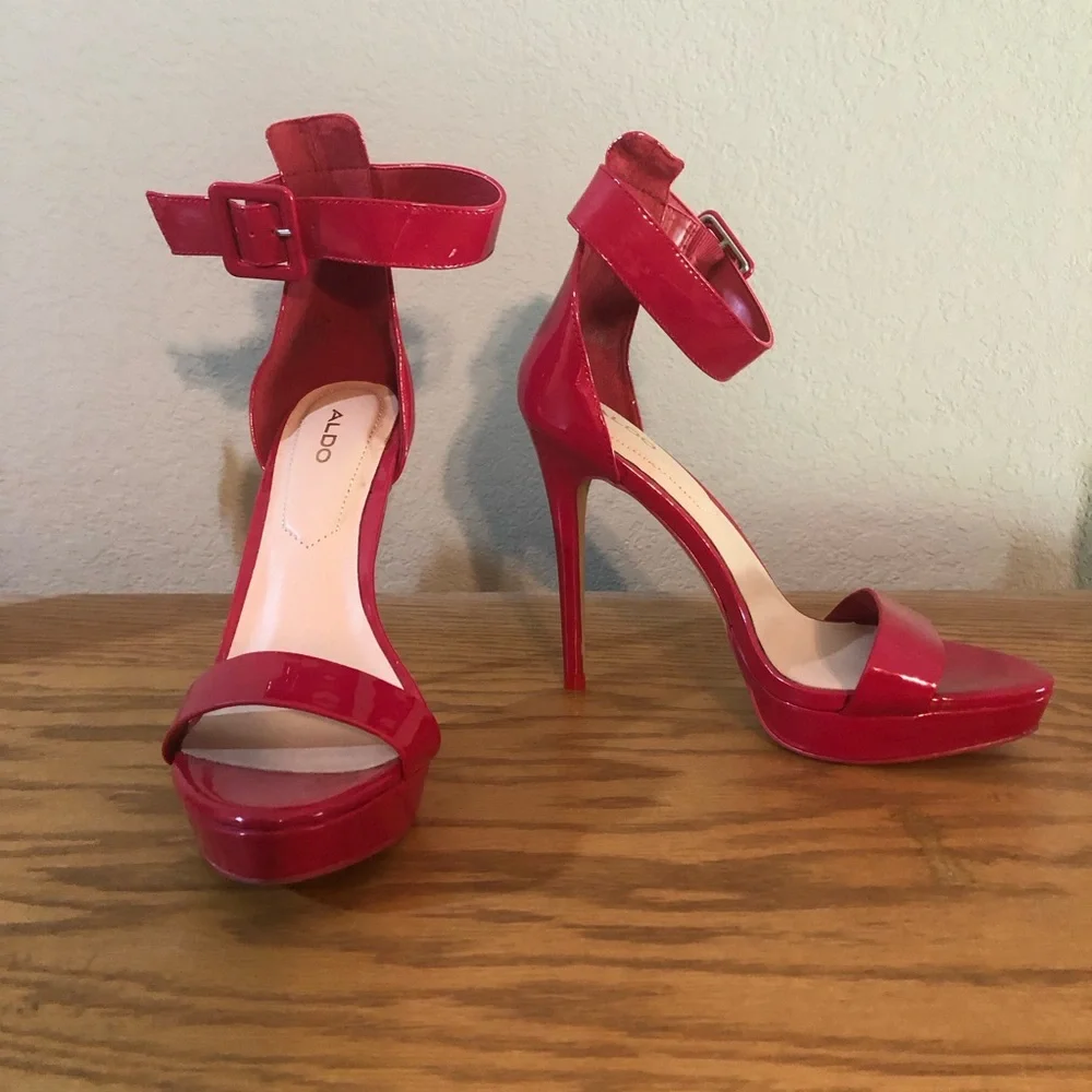 Aldo Red Patent Platform Ankle-Strap Stilettos